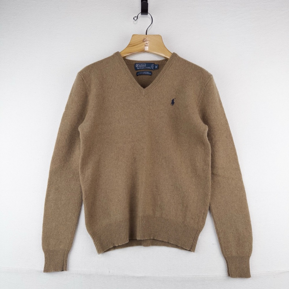 90's Vtg Polo Ralph Lauren Sweater Men's M Camel 100% Lambswool Pullover V-Neck